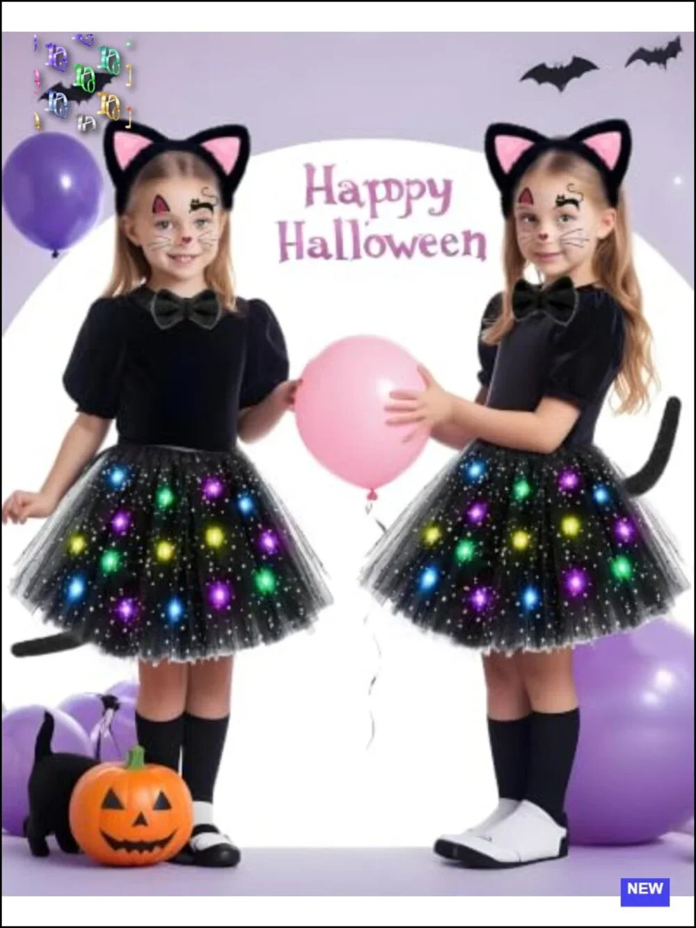 LED Light Up Cat Costume Set Tutu Skirt Headband Tail Bow Tie